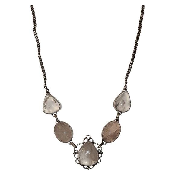 Vintage Silver Tone Pale Pink Translucent Quartz Cabochon Statement Necklace 16" - Picture 5 of 8